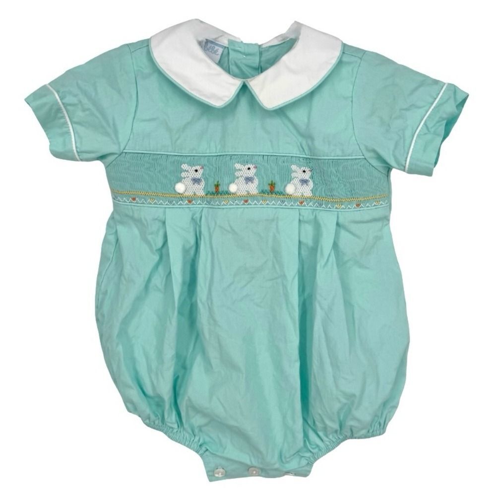 Petit Bebe Boys 9M Smocked Easter Bunnies Teal Bubble Spring Rabbit Short Sleeve